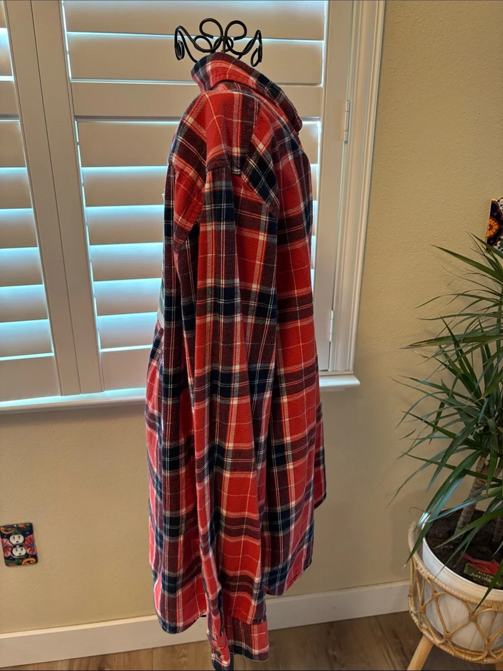 Handmade one of a kind Red Plaid Button-Up flannel with junkin queen Back Patch - Picture 2 of 5